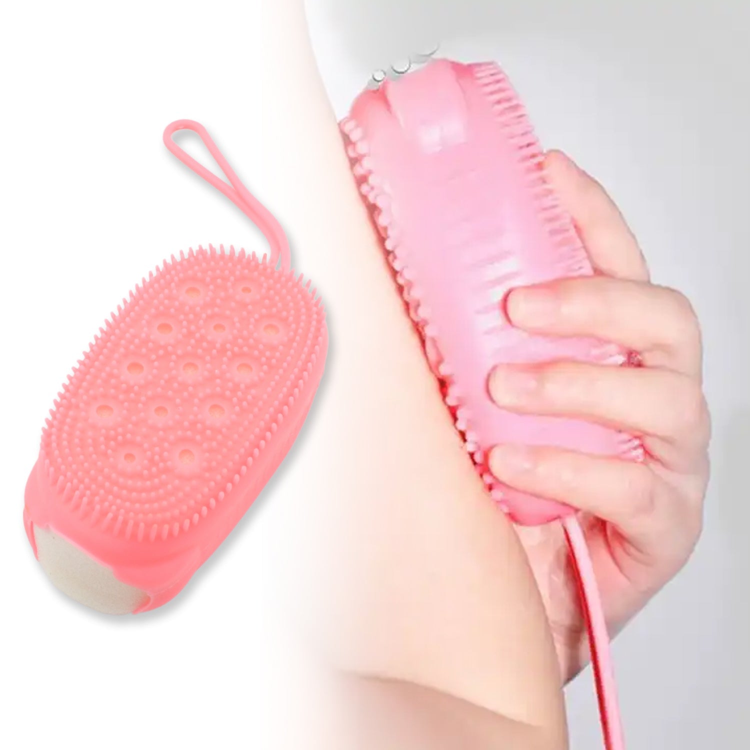 Ultra-soft silicone scrubber brush with dual surfaces for effective body exfoliation. Ultra-soft silicone scrubber brush with dual surfaces for effective body exfoliation.